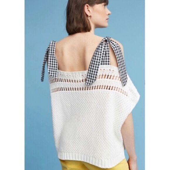 Anthropologie Maeve Gingham Ribbon Sleeve Sweater Small - Picture 3 of 10